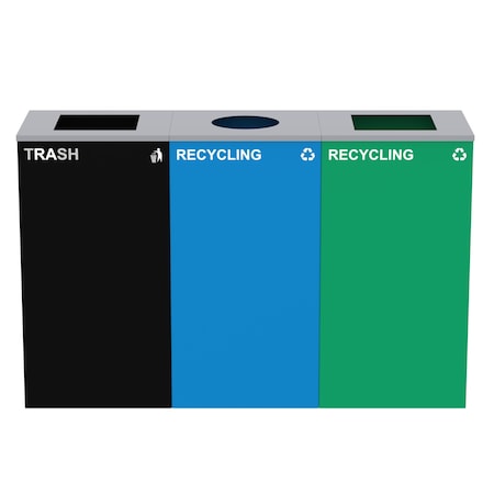 Alpine Industries 87 Gal. 3-Stream Steel Blue Recycling, Green Recycling, and Black Commercial Trash Can Station ALP4450-BLK-KIT35